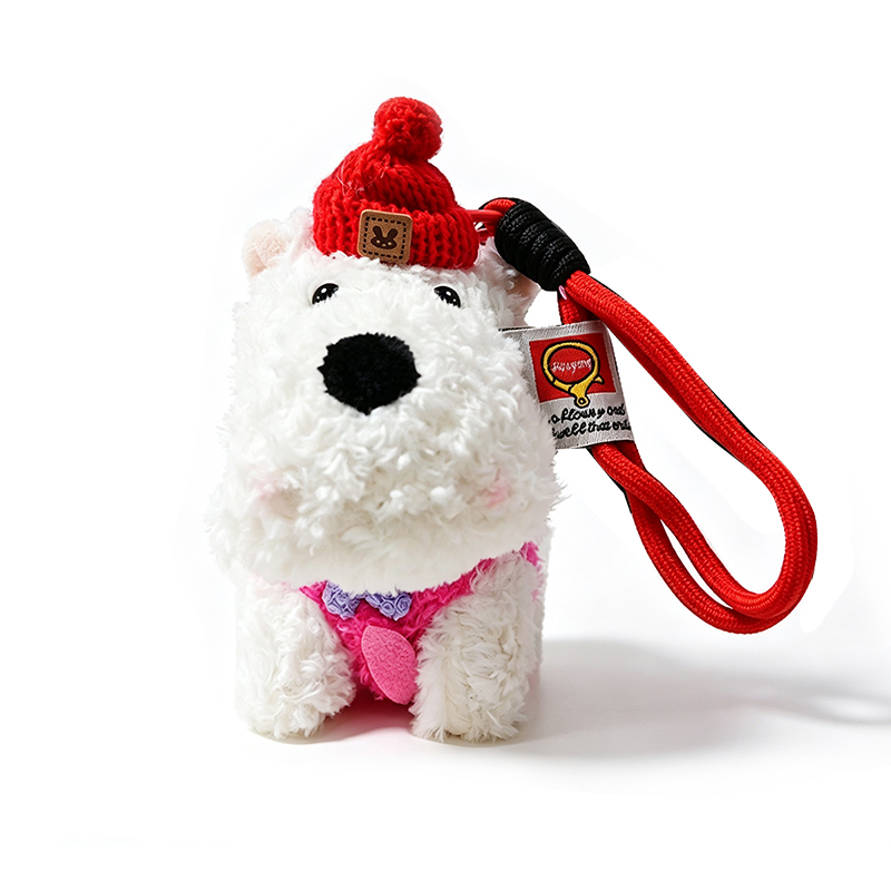 CIONDOLO DA BORSA / PORTACHIAVI SOFFICE A FORMA DI CAGNOLINO WESTIE CON CAPPELLO - AX260052D198
