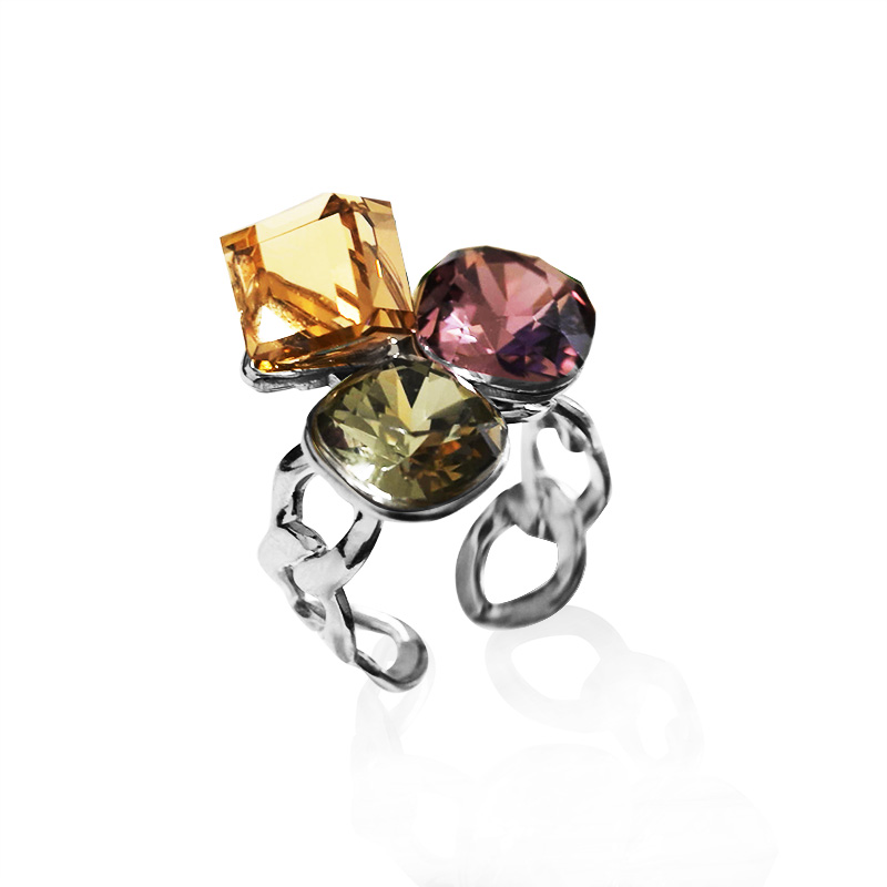 ANELLO REGOLABILE CON TRE CRISTALLI GEOMETRICI COLORATI - FFJ2668C836