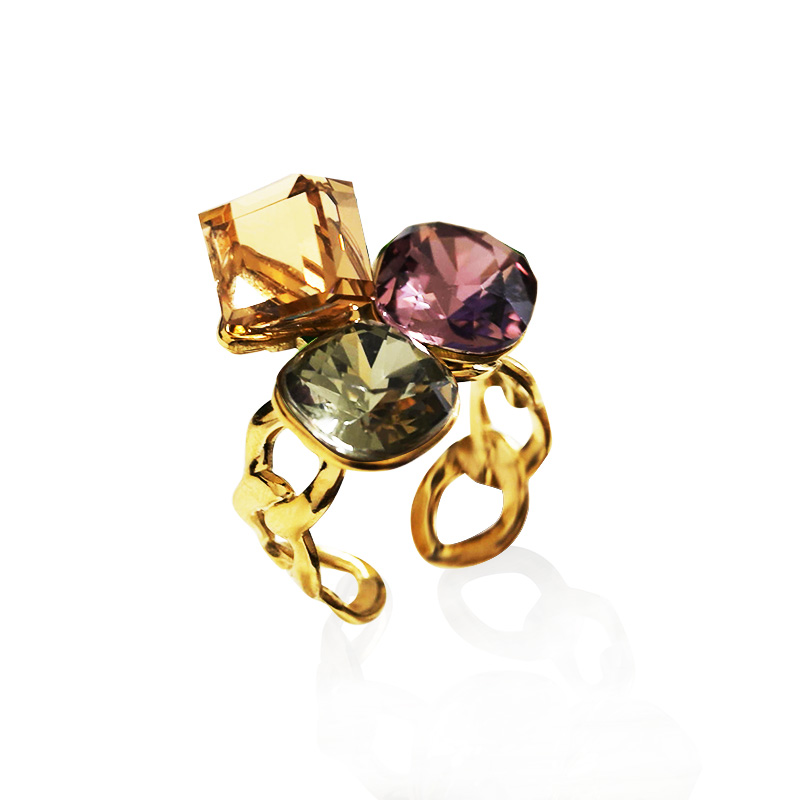 ANELLO REGOLABILE CON TRE CRISTALLI GEOMETRICI COLORATI - FFJ2668C836