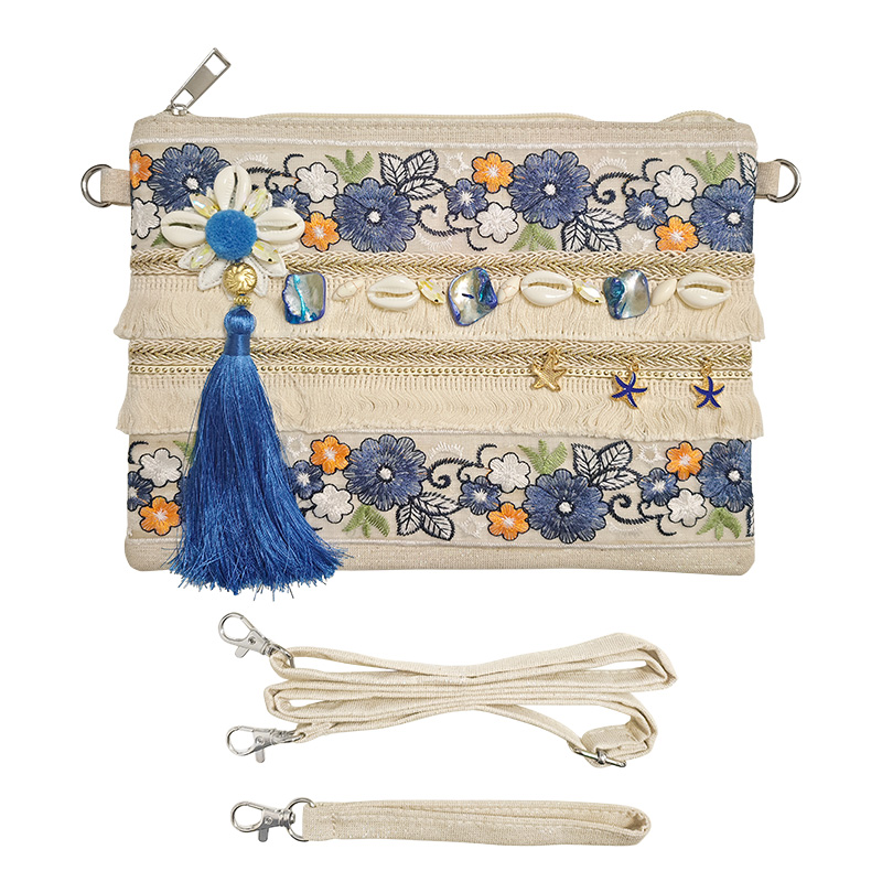 POCHETTE MARE BOHO-CHIC FLOREALE CON CONCHIGLIE E DETTAGLI BLU - YY25200C664