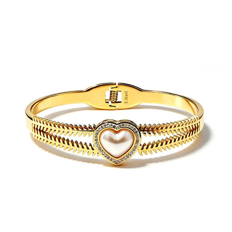 BRACCIALE RIGIDO A MOLLA CON PERLA A CUORE E STRASS - DH2584B480