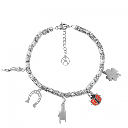 BRACCIALE PEPITA CON CHARMS PORTAFORTUNA & MANO CORNA - FJ24116B875