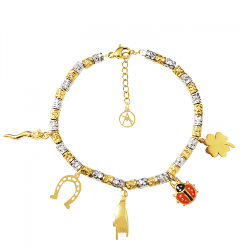 BRACCIALE PEPITA CON CHARMS PORTAFORTUNA & MANO CORNA - FJ24116B875