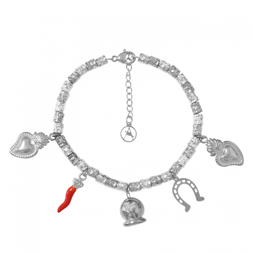 BRACCIALE PEPITA CON CHARMS PORTAFORTUNA & CAMPANELLA - FJ24116B876