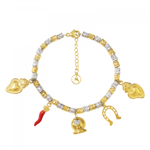 BRACCIALE PEPITA CON CHARMS PORTAFORTUNA & CAMPANELLA - FJ24116B876