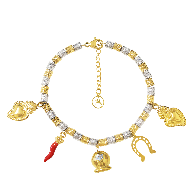 BRACCIALE PEPITA CON CHARMS PORTAFORTUNA & CAMPANELLA - FJ24116B876 BRACCIALE PEPITA CON CHARMS PORTAFORTUNA & CAMPANELLA - FJ24116B876