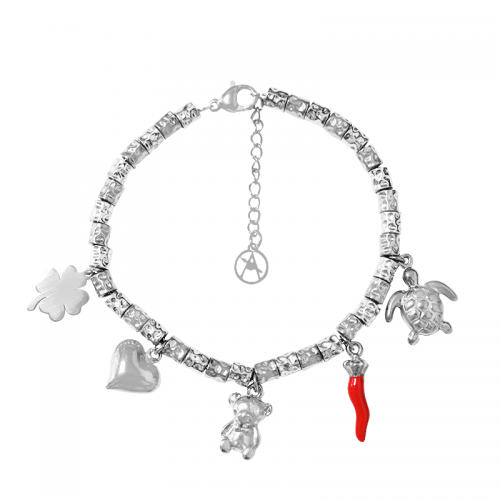 BRACCIALE PEPITA CON CHARMS PORTAFORTUNA & ORSETTO - FJ24116B877