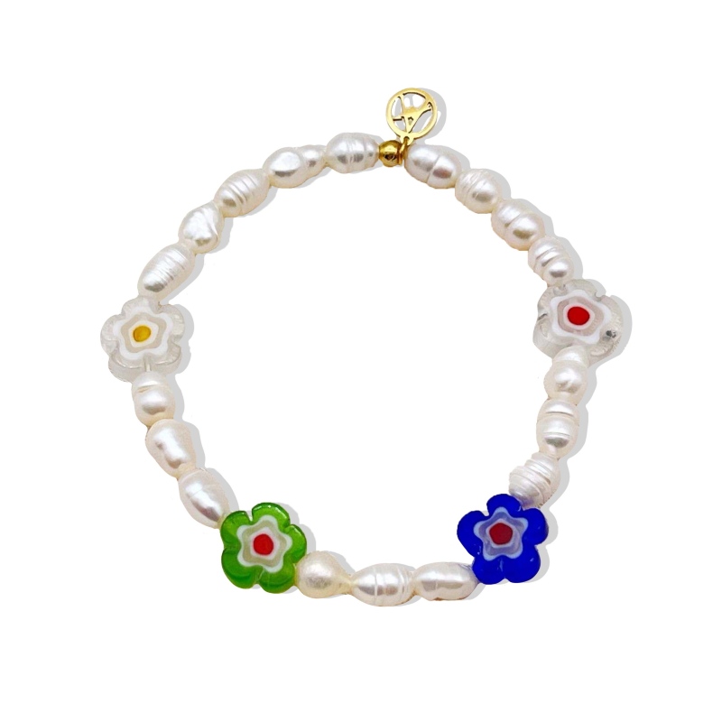 BRACCIALE ELASTICO DI PERLE CON FIORI COLORATI IN RESINA - MNK21121172G94