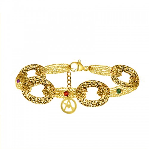 BRACCIALE MULTI-CATENA CON ANELLI MARTELLATI E PIETRE COLORATE - S16363G