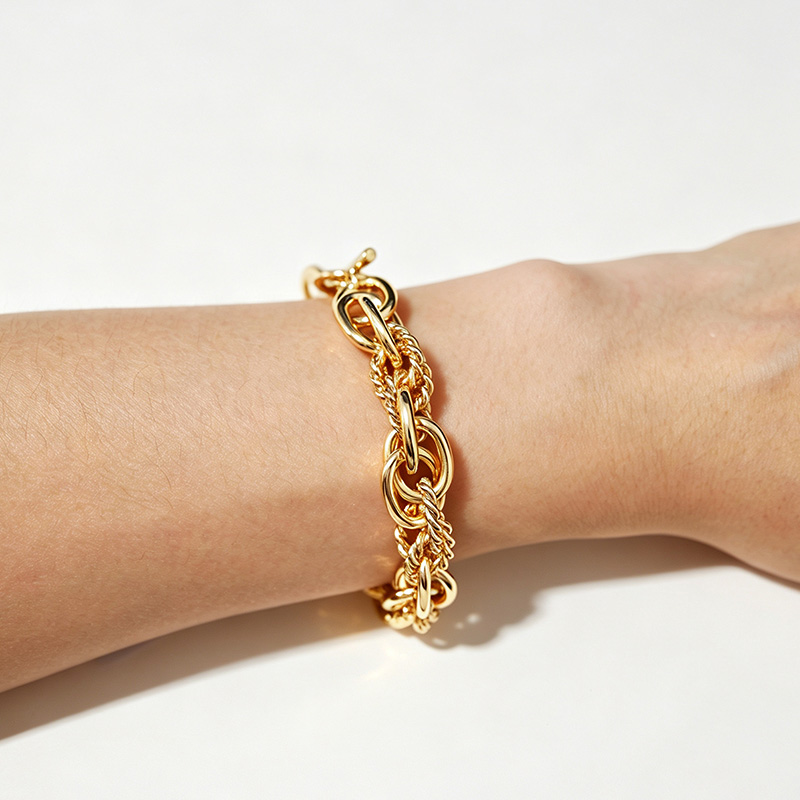 BRACCIALE CATENA A MAGLIA DOPPIA CON ANELLI INTRECCIATI E LISCI - SW2556B21