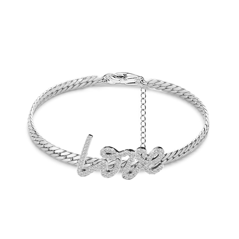 BRACCIALE CATENA CUBANA PIATTA CON SCRITTA 'LOVE' IN ZIRCONI - YC2464B977