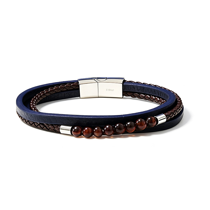BRACCIALE DA UOMO MULTISTRATO CON PIETRE E PELLE - KM26132C765/C767