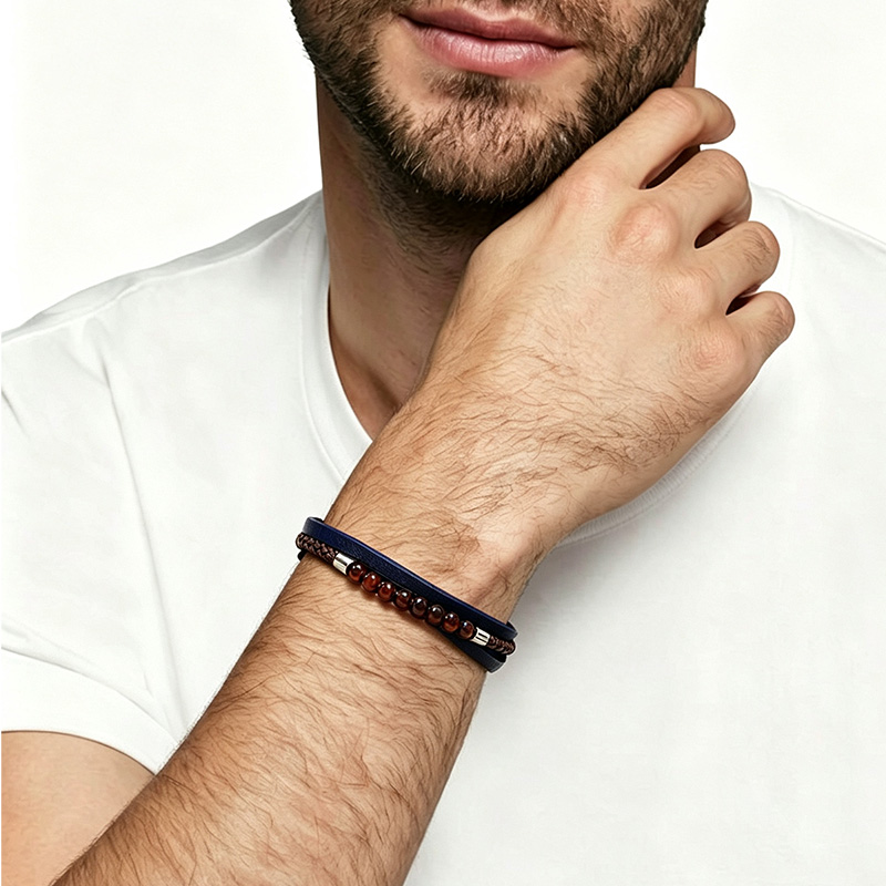 BRACCIALE DA UOMO MULTISTRATO CON PIETRE E PELLE - KM26132C765/C767