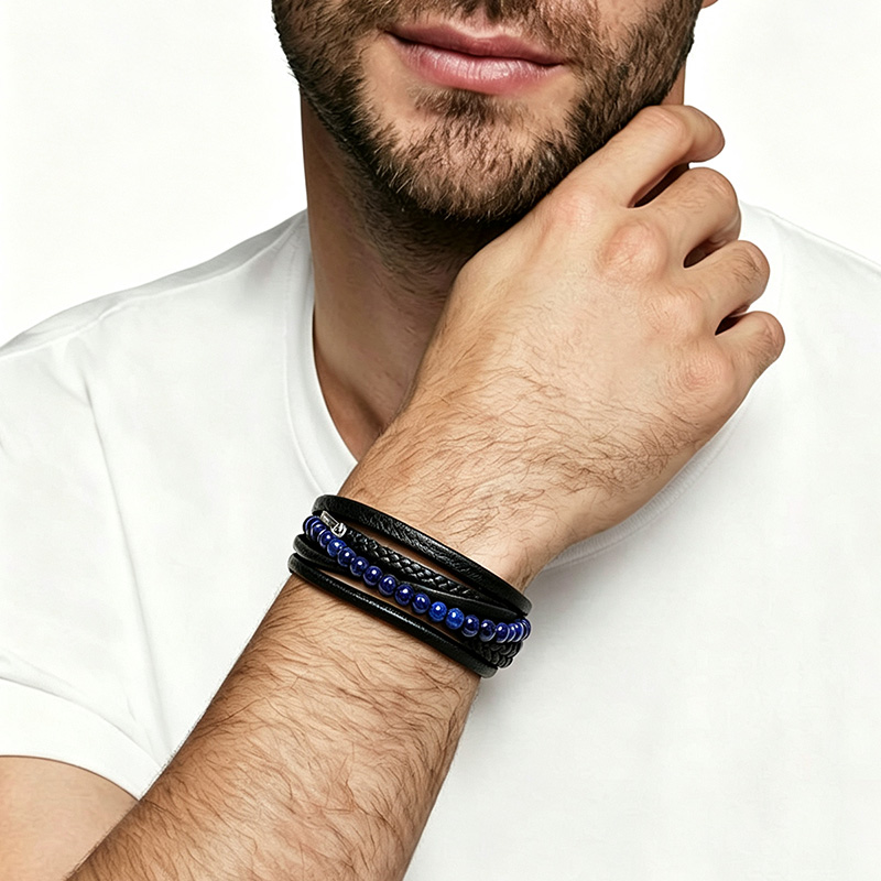BRACCIALE DA UOMO MULTISTRATO CON PIETRE E PELLE - KM26136C771/C772