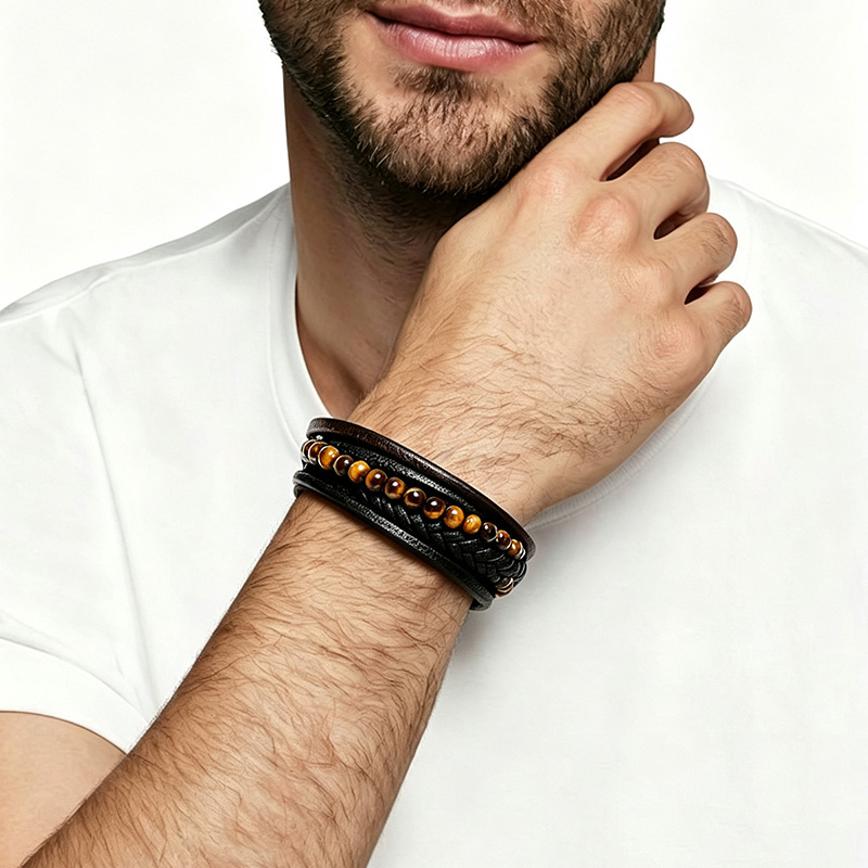 BRACCIALE DA UOMO MULTISTRATO CON PIETRE E PELLE - KM26136C771/C772