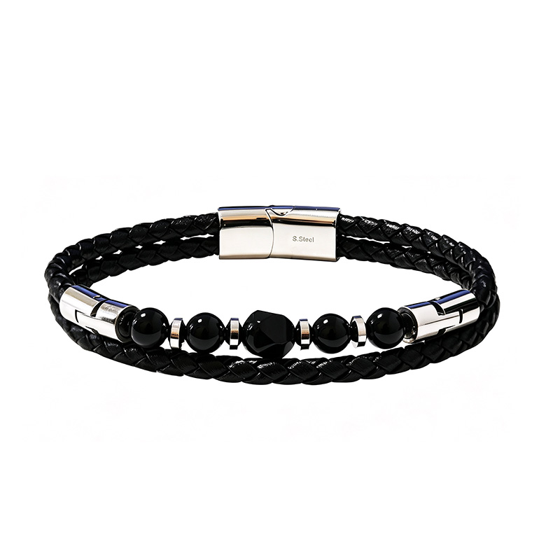 BRACCIALE DA UOMO A DUE FILI CON PIETRE E PELLE INTRECCIATA - KM26144C768/C769