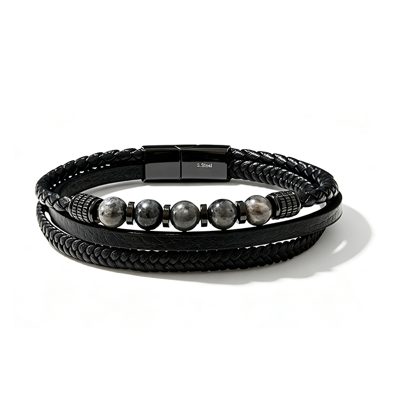 BRACCIALE DA UOMO MULTISTRATO CON PIETRE GRIGIE E PELLE - KM26148C764