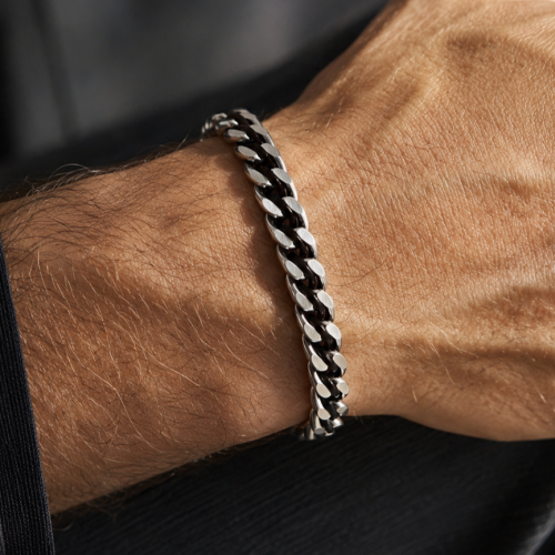 BRACCIALE DA UOMO A CATENA GRUMETTA CON CORDINO IN PELLE - KM26160C763