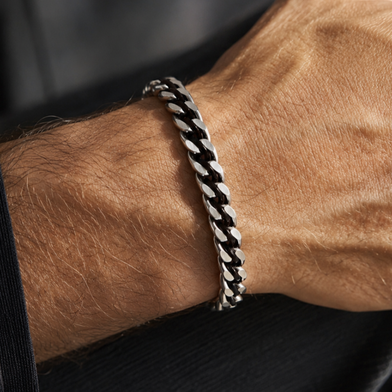 BRACCIALE DA UOMO A CATENA GRUMETTA CON CORDINO IN PELLE - KM26160C763