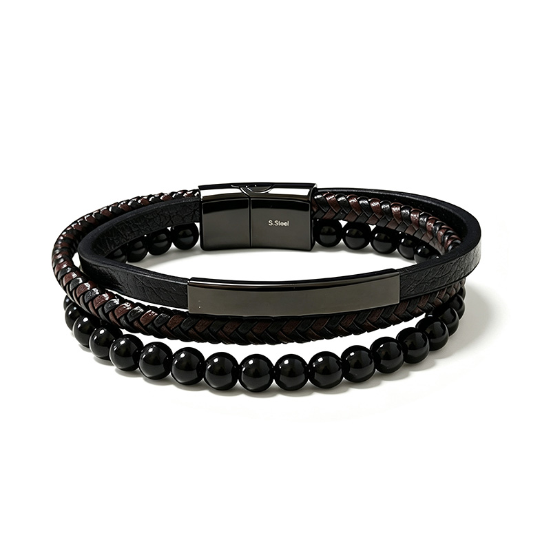 BRACCIALE DA UOMO MULTISTRATO CON PIETRE NERE E PELLE - KM26176C770