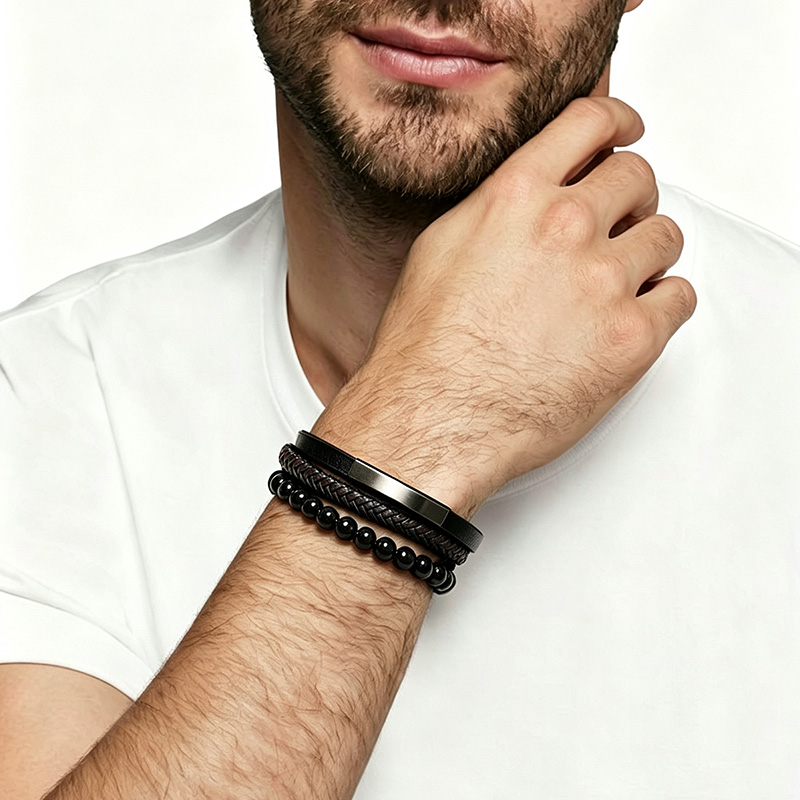 BRACCIALE DA UOMO MULTISTRATO CON PIETRE NERE E PELLE - KM26176C770