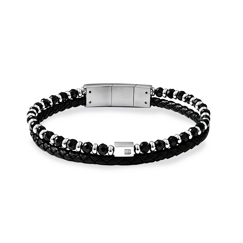 BRACCIALE DOPPIO DA UOMO IN PELLE E CRISTALLI - QD26160D054