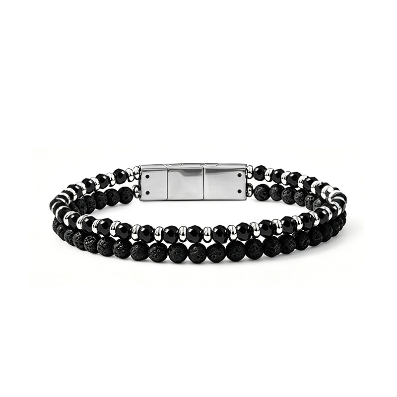 BRACCIALE DOPPIO DA UOMO IN PIETRA LAVICA E CRISTALLI - QD26160D055