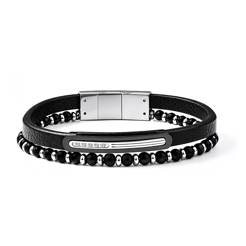 BRACCIALE DOPPIO DA UOMO IN PELLE E PIETRE OPACHE - QD26176D052