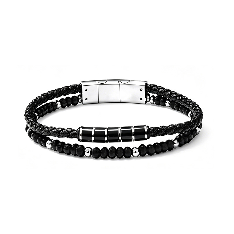 BRACCIALE DOPPIO DA UOMO IN PELLE E PIETRE OPACHE - QD26176D053