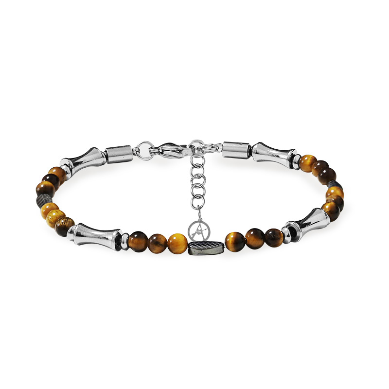 BRACCIALE UOMO CON ELEMENTI A BAMBÙ, FOGLIE E PIETRE NATURALI - QGL2664C748
