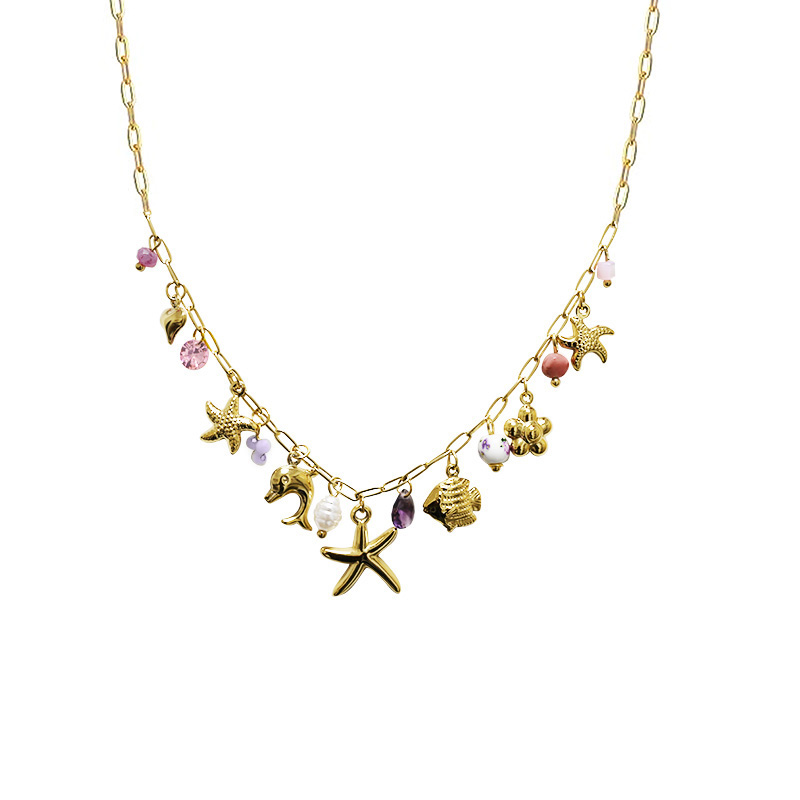 COLLANA A CATENA CON CHARMS MARINI E PERLINE COLORATE - FFJ251136C599