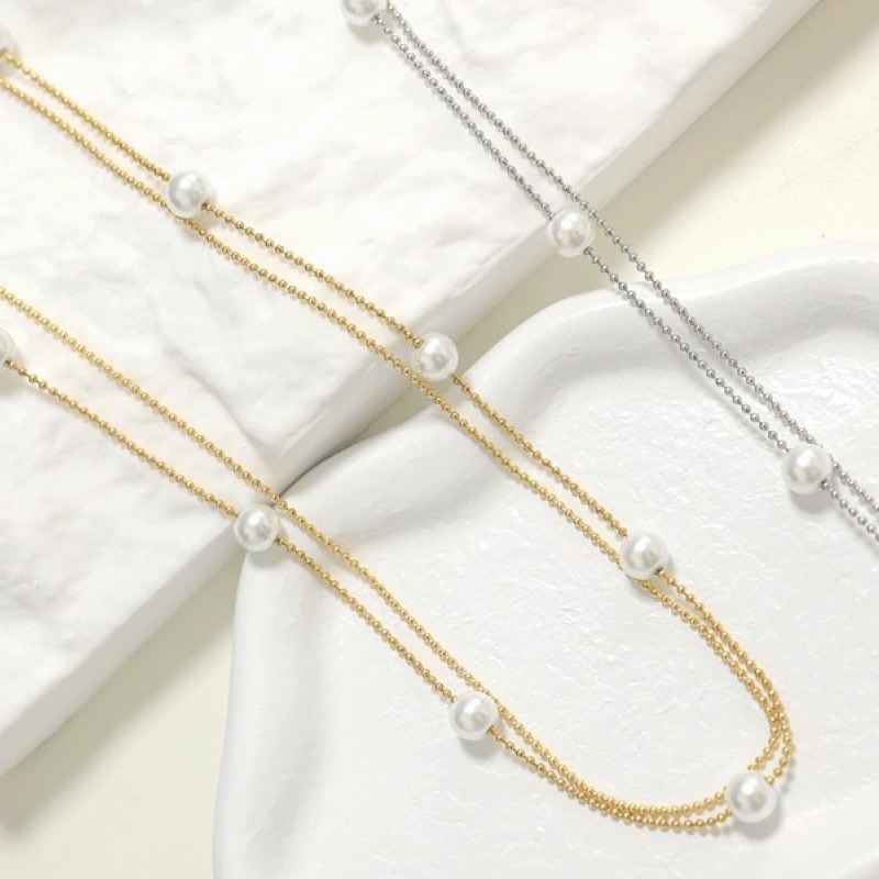 COLLANA A DOPPIO FILO CATENA A PALLINE CON PERLE - JN24512B523
