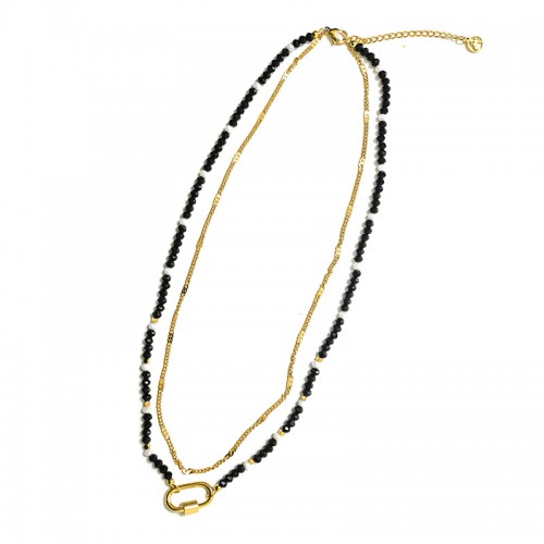 COLLANA A DOPPIO FILO CON PERLINE E CIONDOLO MOSCHETTONE OVALE - NK21124120E55