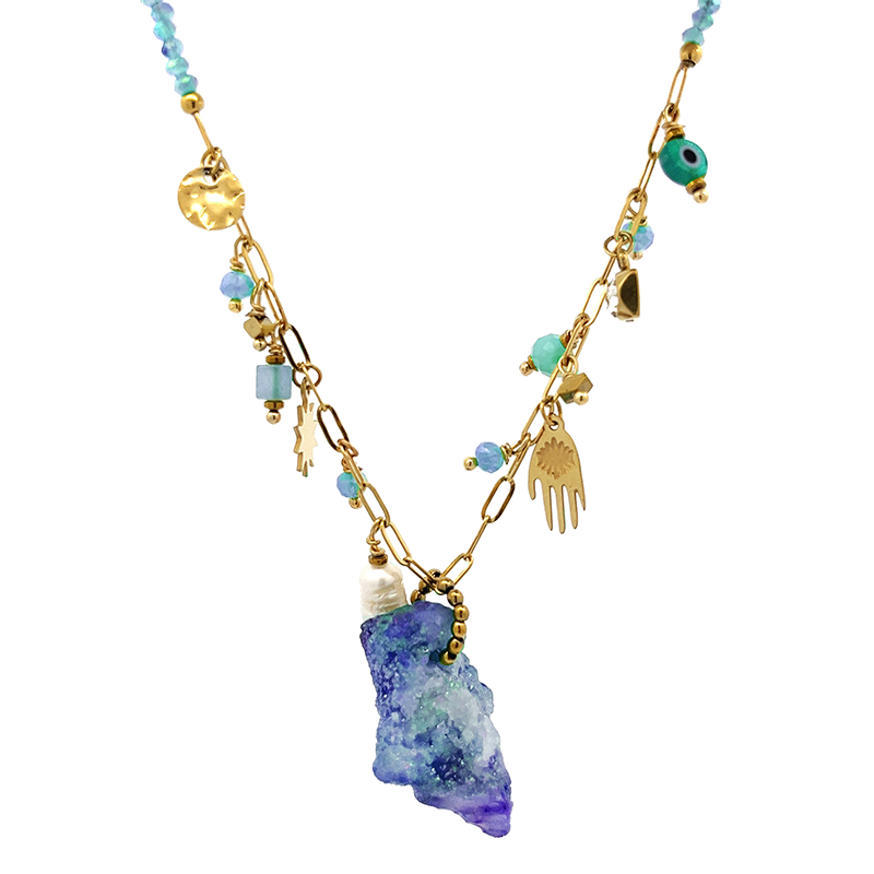 COLLANA DI PERLINE CON CIONDOLI E PIETRA GREZZA - NK21124176E93