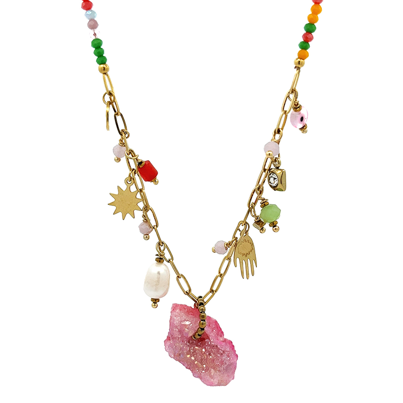 COLLANA DI PERLINE CON CIONDOLI E PIETRA GREZZA - NK21124176E93