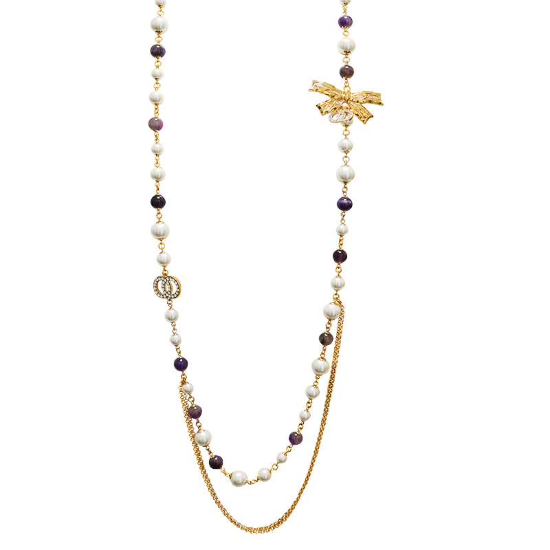 COLLANA LUNGA DI PERLE E PIETRE CON FIOCCO - S16179A