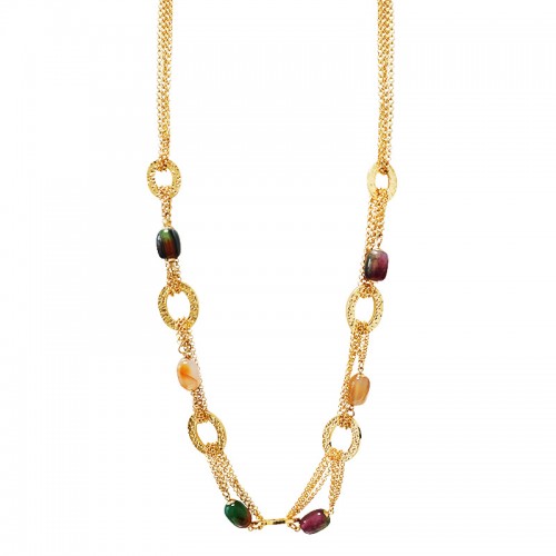 COLLANA LUNGA MULTI-CATENA CON ANELLI MARTELLATI E PIETRE COLORATE - S163632A
