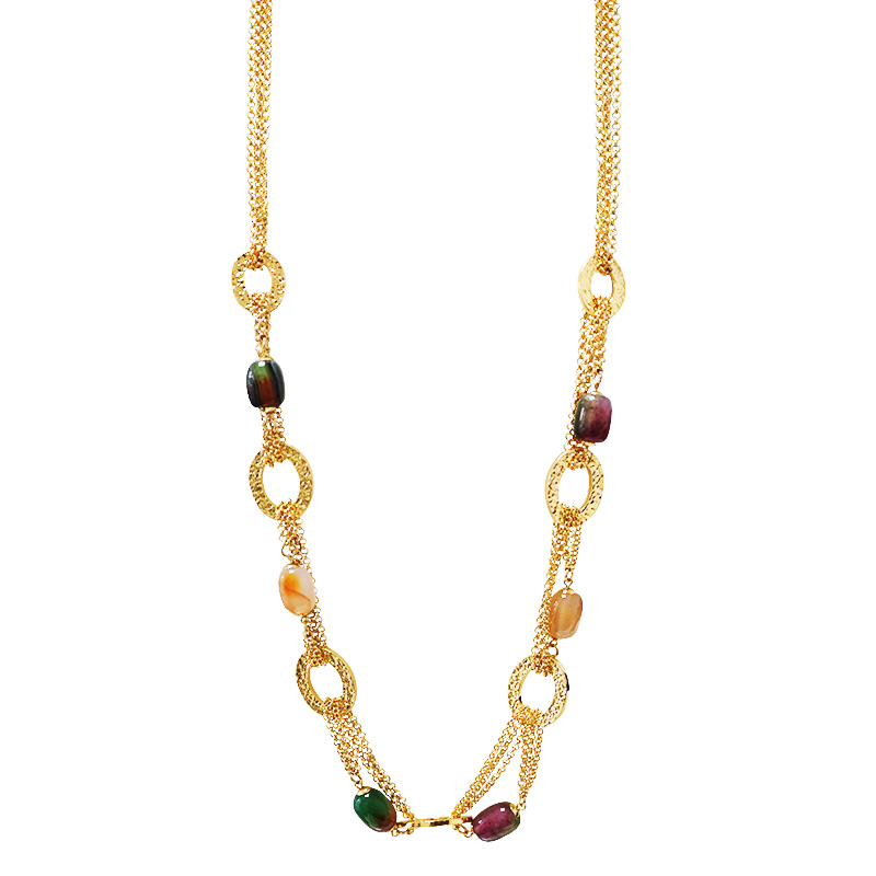 COLLANA LUNGA MULTI-CATENA CON ANELLI MARTELLATI E PIETRE COLORATE - S163632A