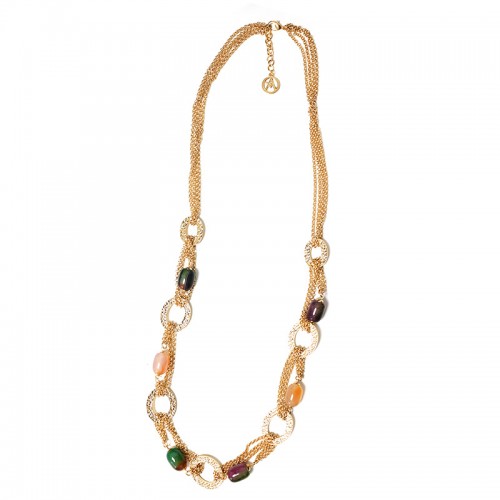 COLLANA LUNGA MULTI-CATENA CON ANELLI MARTELLATI E PIETRE COLORATE - S163632A