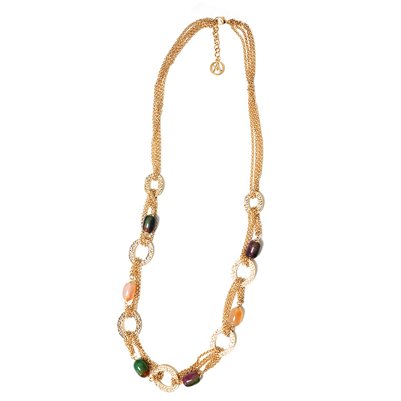COLLANA LUNGA MULTI-CATENA CON ANELLI MARTELLATI E PIETRE COLORATE - S163632A