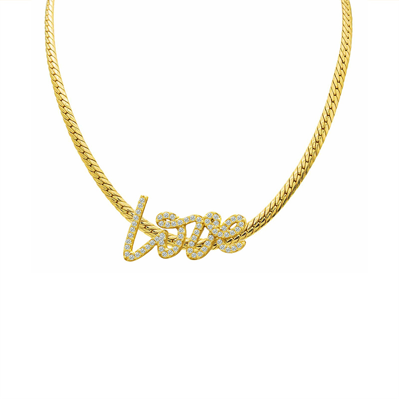 COLLANA CATENA CUBANA PIATTA CON SCRITTA 'LOVE' IN ZIRCONI - YC2484B976