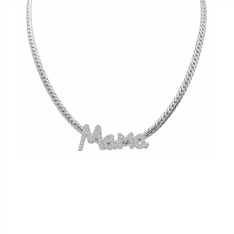 COLLANA CATENA CUBANA PIATTA CON SCRITTA 'MAMA' IN ZIRCONI - YC2484B978