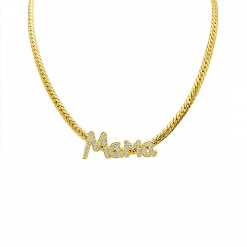 COLLANA CATENA CUBANA PIATTA CON SCRITTA 'MAMA' IN ZIRCONI - YC2484B978
