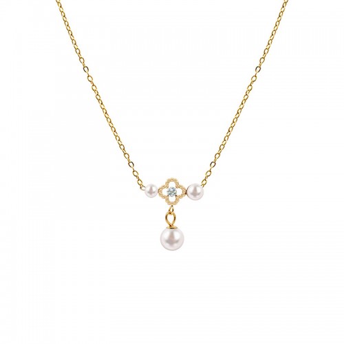 FOUR-LEAF CLOVER AND PEARL PENDANT NECKLACE - YC2548B143