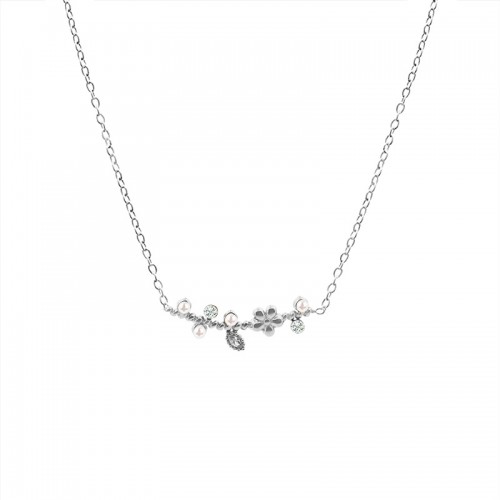FLOWER AND LEAF NECKLACE WITH PEARL AND RHINESTONE - YC2552B141