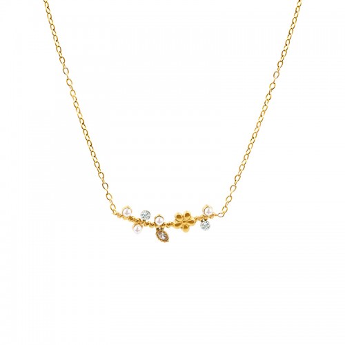 FLOWER AND LEAF NECKLACE WITH PEARL AND RHINESTONE - YC2552B141