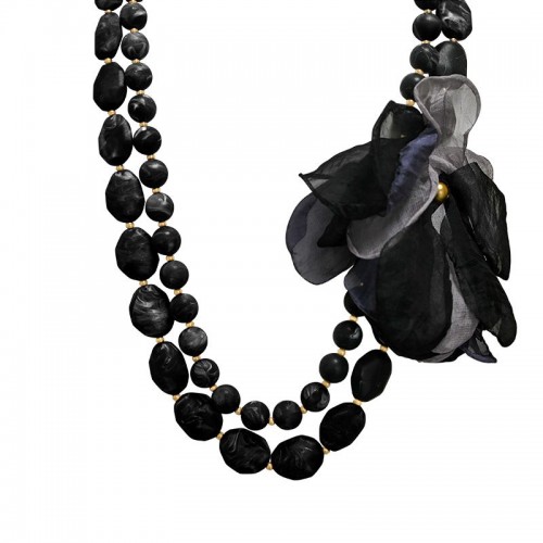 COLLANA LUNGA DI PERLINE A DOPPIO FILO CON FIORE IN TESSUTO - YNK19721160D40