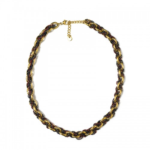 COLLANA INTRECCIATA CON CATENA DORATA E PERLINE SMALTATE - YNK24108B833