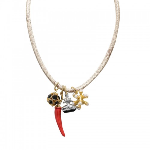 COLLANA IN CORDA DI PELLE MACULATA CON PENDENTI - YNK24112B712