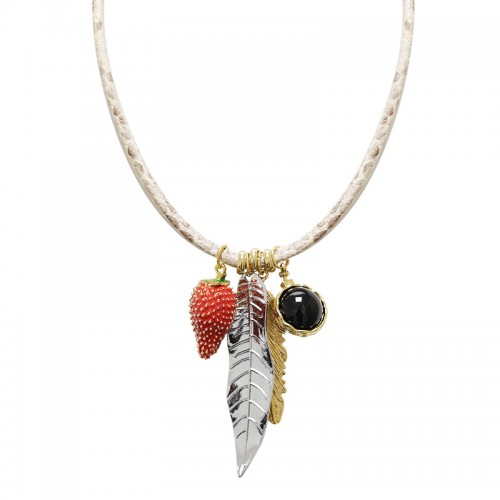 COLLANA IN CORDA DI PELLE MACULATA CON PENDENTI - YNK24112B714